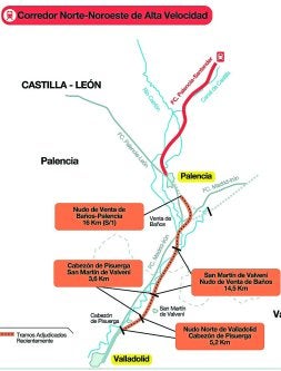 Juan José Sota, acompañado del director de Transportes, muestran un plano de la obra. A la derecha, el tramo Valladolid-Palencia. / SE QUINTANA/
