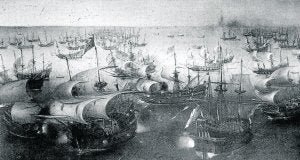 enfrentamiento entre navíoos españoles de la Gran Armada y buques ingleses en un cuadro de la época /DM/