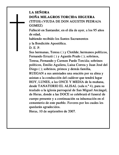 DOÑA MILAGROS TORCIDA HIGUERA