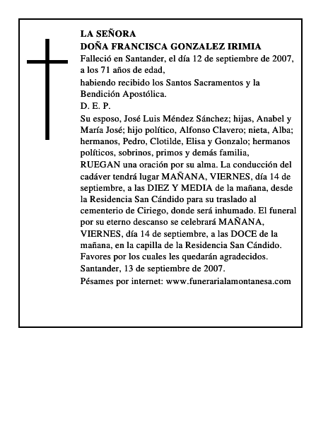 DOÑA FRANCISCA GONZALEZ IRIMIA