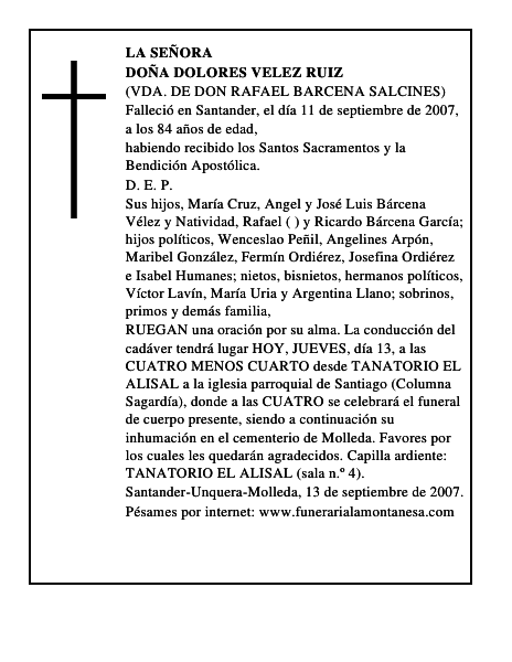 DOÑA DOLORES VELEZ RUIZ