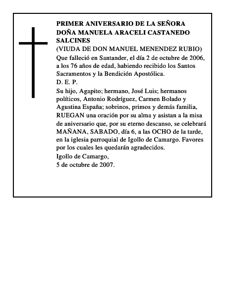 DOÑA MANUELA ARACELI CASTANEDO SALCINES