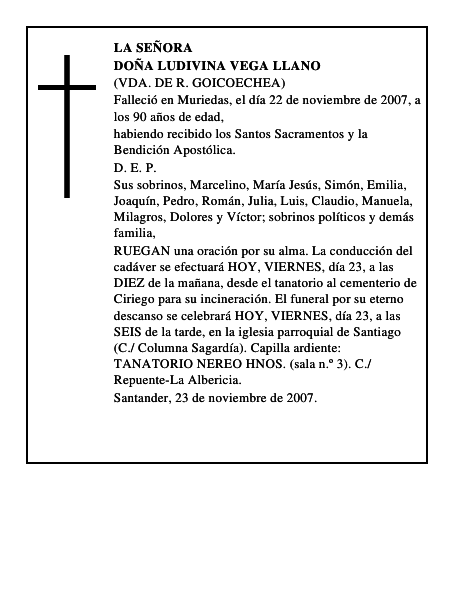 DOÑA LUDIVINA VEGA LLANO