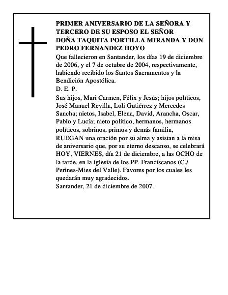 DOÑA TAQUITA PORTILLA MIRANDA Y DON PEDRO FERNANDEZ HOYO