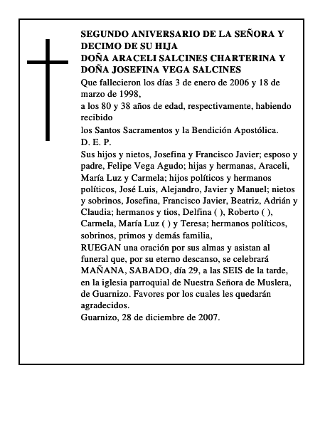 DOÑA ARACELI SALCINES CHARTERINA Y DOÑA JOSEFINA VEGA SALCINES