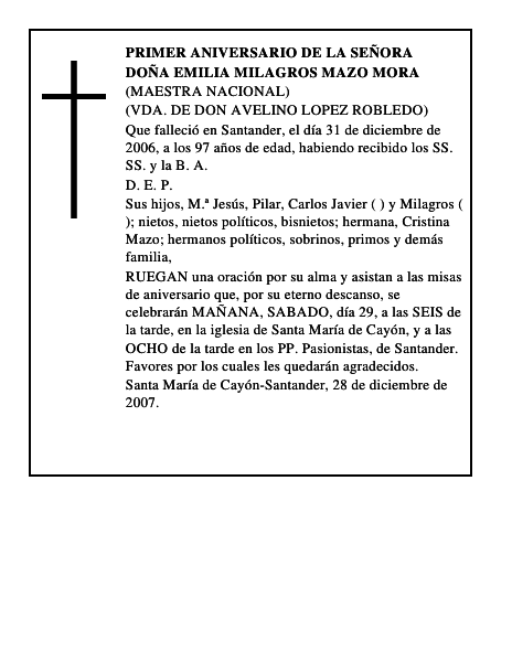 DOÑA EMILIA MILAGROS MAZO MORA