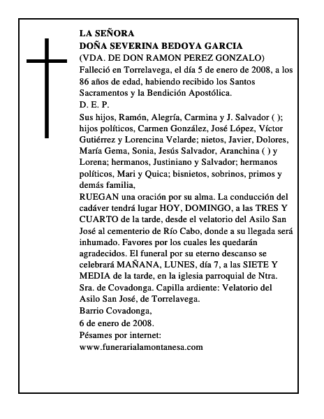 DOÑA SEVERINA BEDOYA GARCIA