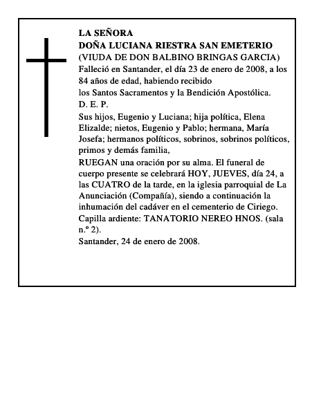 DOÑA LUCIANA RIESTRA SAN EMETERIO