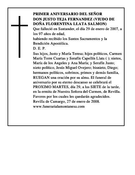 DON JUSTO TEJA FERNANDEZ (VIUDO DE DOÑA FLORENTINA LLATA SALMON)