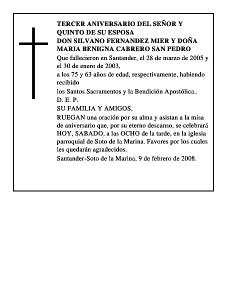DON SILVANO FERNANDEZ MIER y DOÑA MARIA BENIGNA CABRERO SAN PEDRO