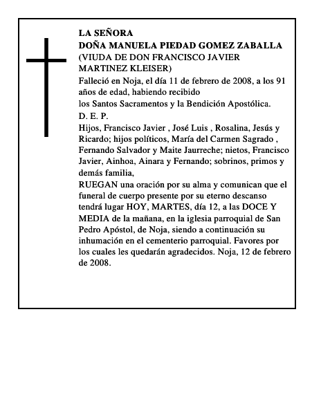 DOÑA MANUELA PIEDAD GOMEZ ZABALLA