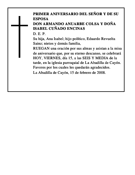 DON ARMANDO ANUARBE COLSA Y DOÑA ISABEL CUÑADO ENCINAS