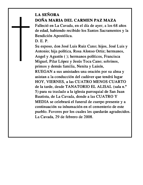 DOÑA MARIA DEL CARMEN PAZ MAZA