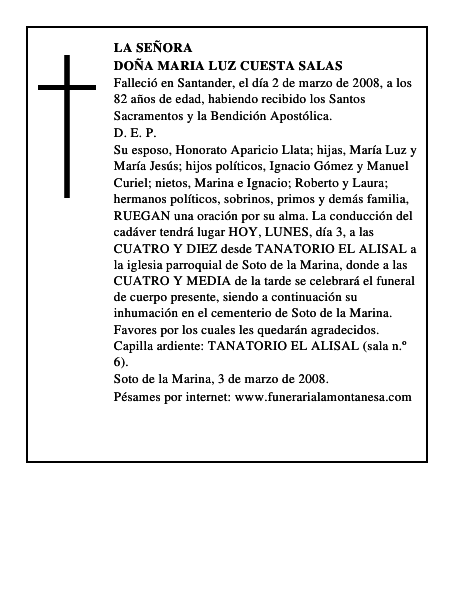 DOÑA MARIA LUZ CUESTA SALAS