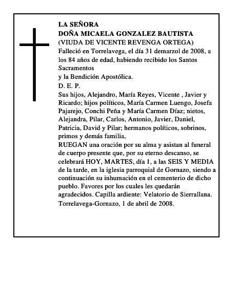 DOÑA MICAELA GONZALEZ BAUTISTA