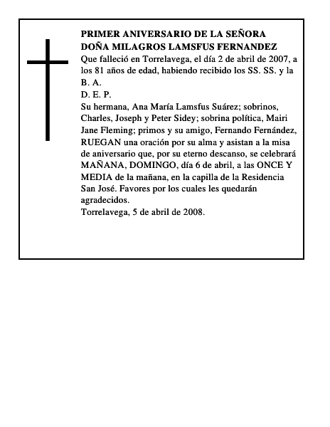 DOÑA MILAGROS LAMSFUS FERNANDEZ