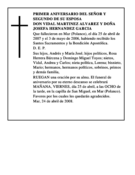 DON VIDAL MARTINEZ ALVAREZ y DOÑA JOSEFA HERNANDEZ GARCIA