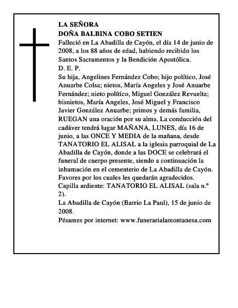 DOÑA BALBINA COBO SETIEN