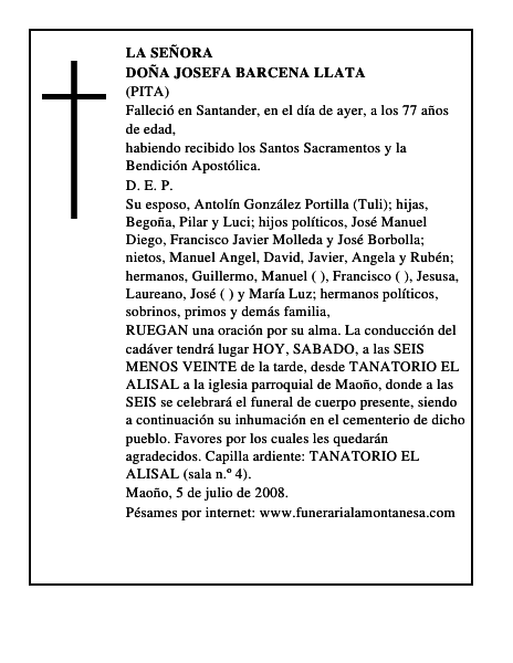 DOÑA JOSEFA BARCENA LLATA