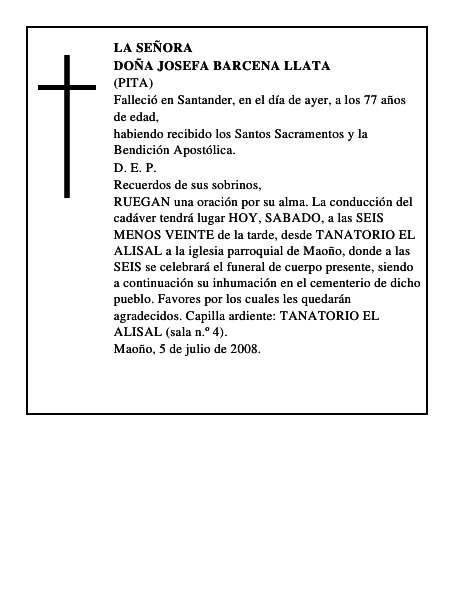 DOÑA JOSEFA BARCENA LLATA
