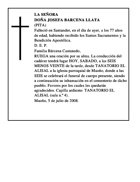 DOÑA JOSEFA BARCENA LLATA