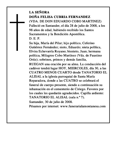DOÑA FELISA CUBRIA FERNANDEZ