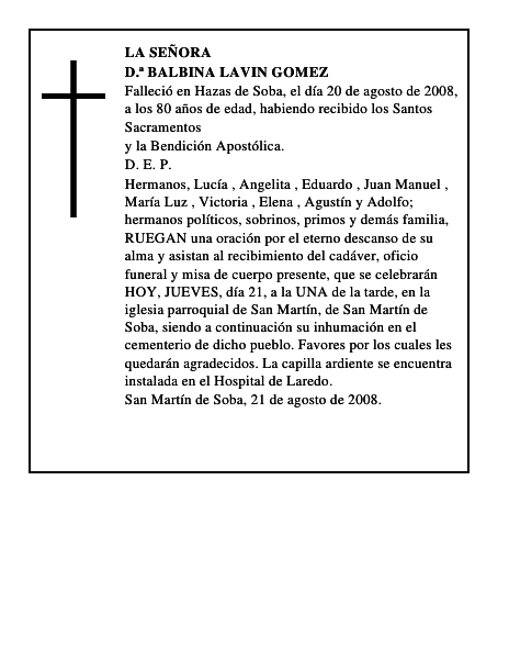 D.ª BALBINA LAVIN GOMEZ