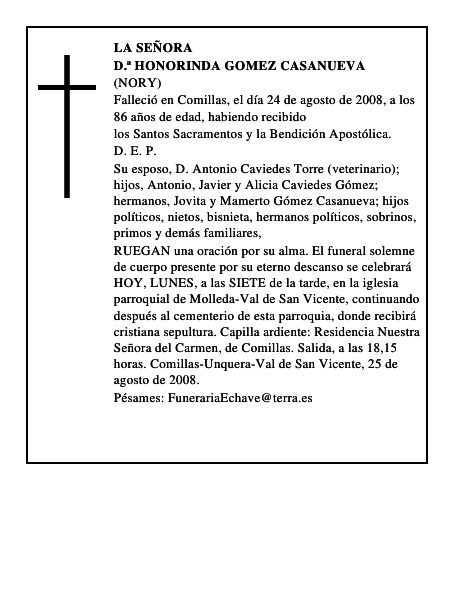 D.ª HONORINDA GOMEZ CASANUEVA