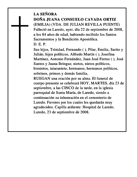 DOÑA JUANA CONSUELO CAVADA ORTIZ