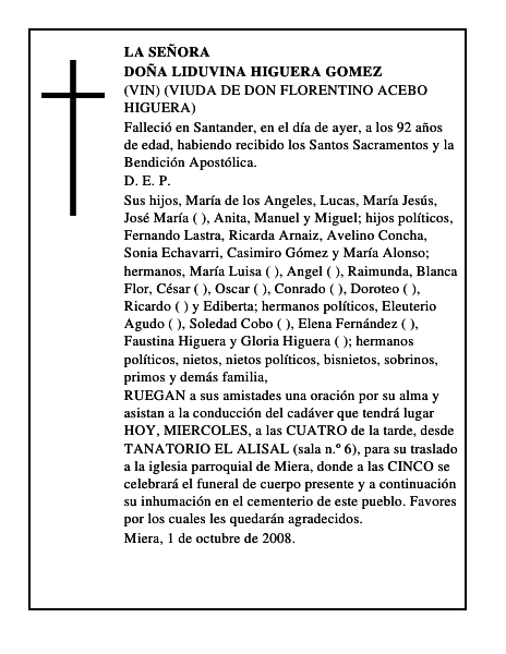 DOÑA LIDUVINA HIGUERA GOMEZ