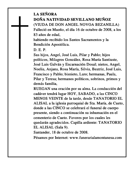 DOÑA NATIVIDAD SEVILLANO MUÑOZ