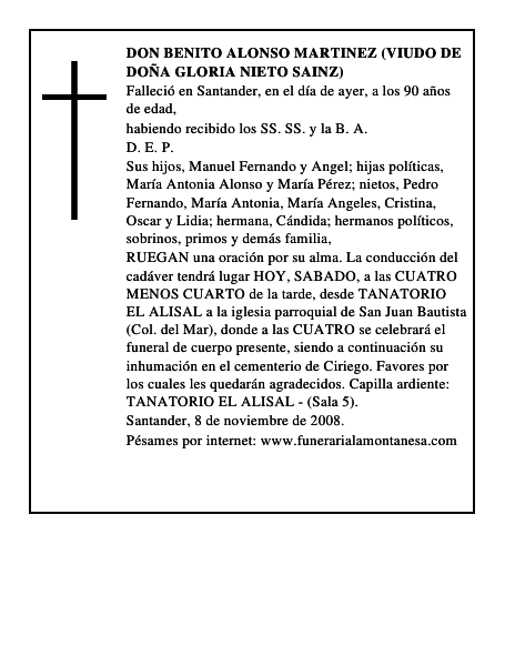 DON BENITO ALONSO MARTINEZ (VIUDO DE DOÑA GLORIA NIETO SAINZ)