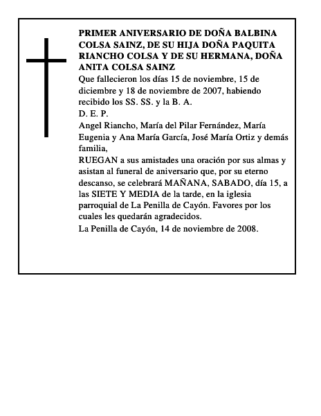 Primer Aniversario de DOÑA BALBINA COLSA SAINZ, de su hija DOÑA PAQUITA RIANCHO COLS