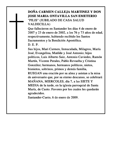 DOÑA CARMEN CALLEJA MARTINEZ Y DON JOSE MARIA ONTAVILLA SAN EMETERIO