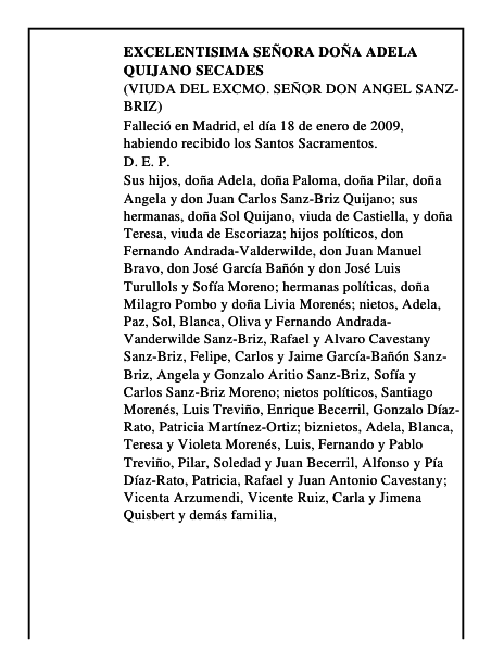 EXCELENTISIMA SEÑORA DOÑA ADELA QUIJANO SECADES