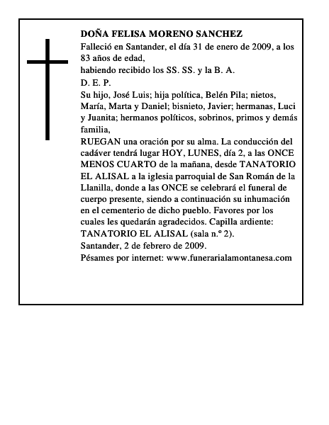 DOÑA FELISA MORENO SANCHEZ