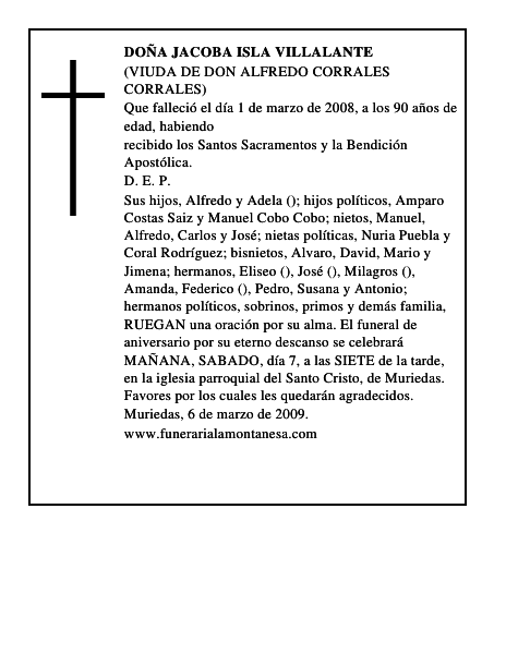 DOÑA JACOBA ISLA VILLALANTE