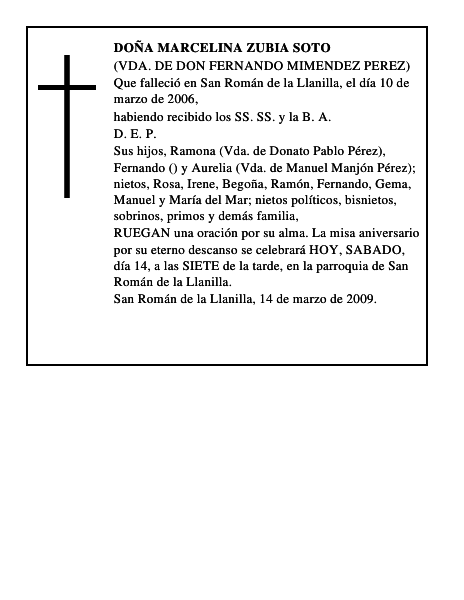 DOÑA MARCELINA ZUBIA SOTO