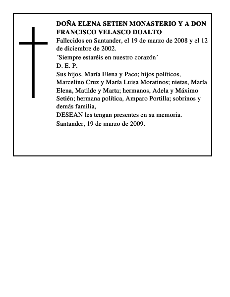 DOÑA ELENA SETIEN MONASTERIO Y A DON FRANCISCO VELASCO DOALTO