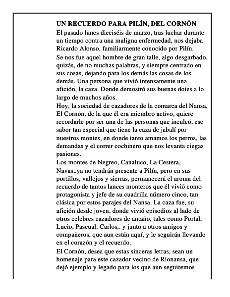 Un recuerdo para Pilín, del Cornón
