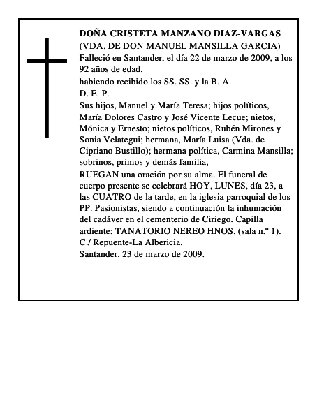 DOÑA CRISTETA MANZANO DIAZ-VARGAS