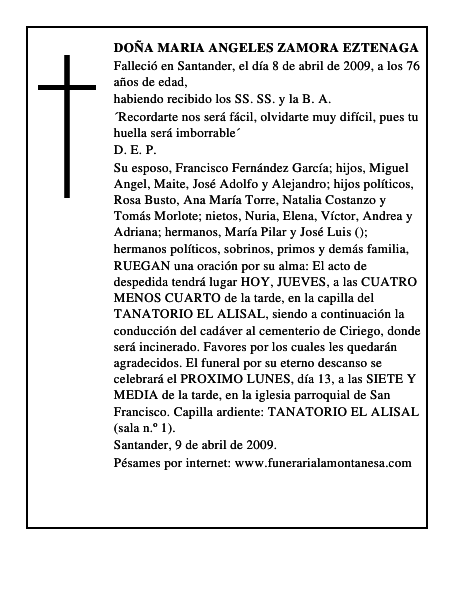 DOÑA MARIA ANGELES ZAMORA EZTENAGA