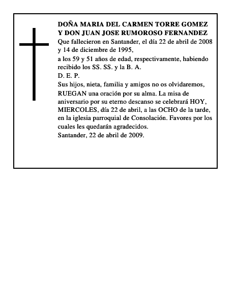 DOÑA MARIA DEL CARMEN TORRE GOMEZ Y DON JUAN JOSE RUMOROSO FERNANDEZ