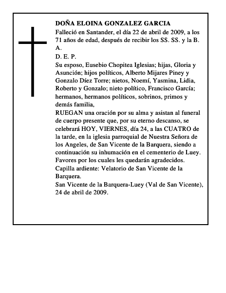 DOÑA ELOINA GONZALEZ GARCIA