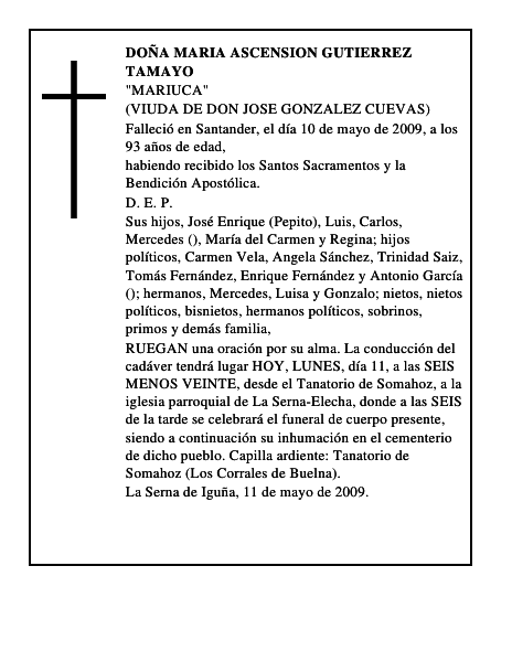 DOÑA MARIA ASCENSION GUTIERREZ TAMAYO