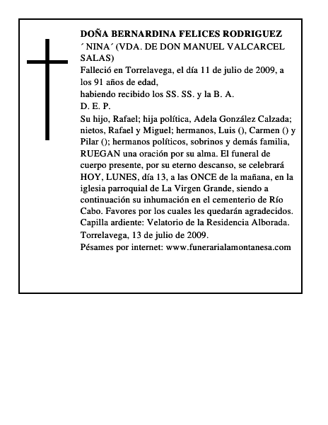 DOÑA BERNARDINA FELICES RODRIGUEZ