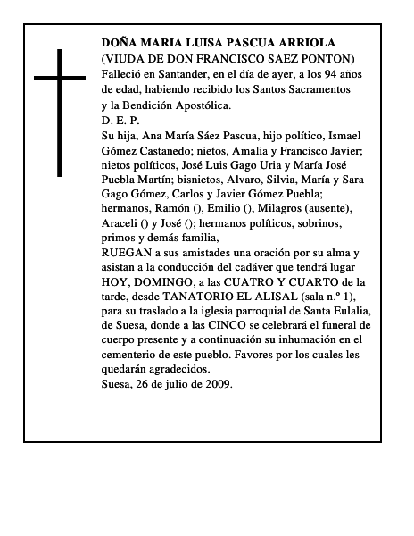 DOÑA MARIA LUISA PASCUA ARRIOLA