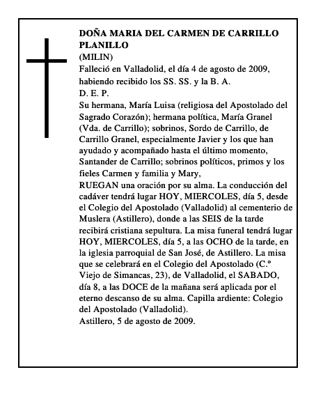 DOÑA MARIA DEL CARMEN DE CARRILLO PLANILLO