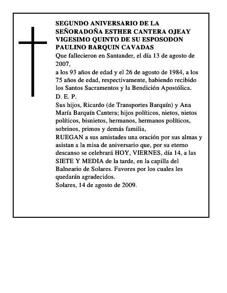 SEGUNDO ANIVERSARIO DE LA SEÑORADOÑA ESTHER CANTERA OJEAY VIGESIMO QUINTO DE SU ESPO