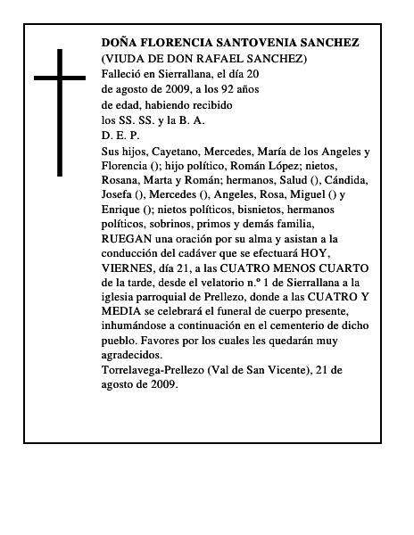 DOÑA FLORENCIA SANTOVENIA SANCHEZ